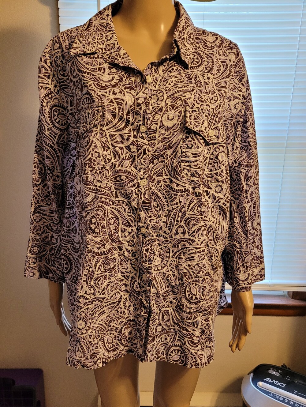 Liz & Co. Printed Button-Up Shirt - White & Purples Paisley 3/4 Sleeve Size 3X